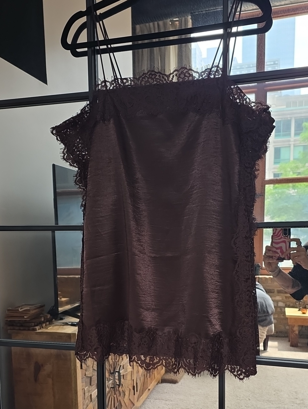 Lace-Trim Heavy Satin Cami in Deep Brown - Women Intimates